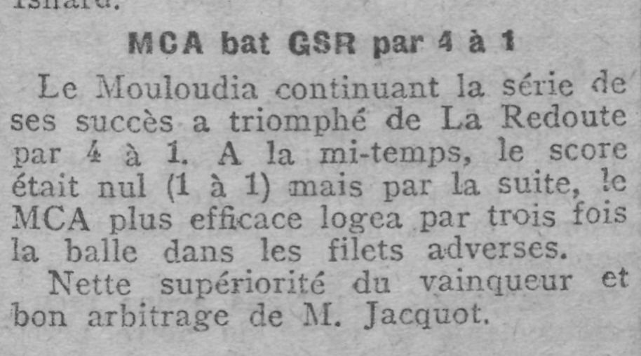 Dimanche 24.3.1929 à Alger champs de manœuvre GSR (Groupement Sportif de la Redoute)-MCA 1-4