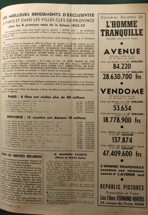 BOX OFFICE PARIS DU 23 JANVIER 1953 AU 29 JANVIER 1953