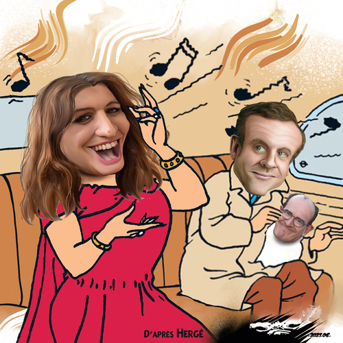dessin de @JERC dessinateur du mercredi 16 juin 2021 Caricature Marlene Schiappa, Emmanuel Macron, Jean Castex  Faire tintin : casse toi la fiore www.facebook.com/jercdessin https://twitter.com/dessin