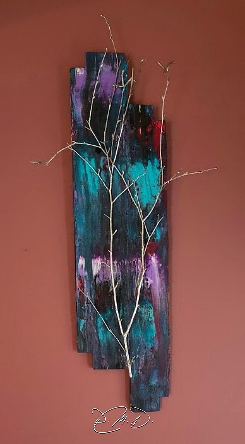 2022 C - Bois 19x72 -  Pouring acrylique et branche chromée - CP