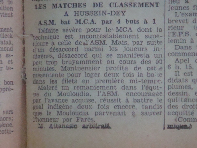 Dimanche 4.6.1933 à Hussein Dey match de classement AS Montpensier-MCA 4-1