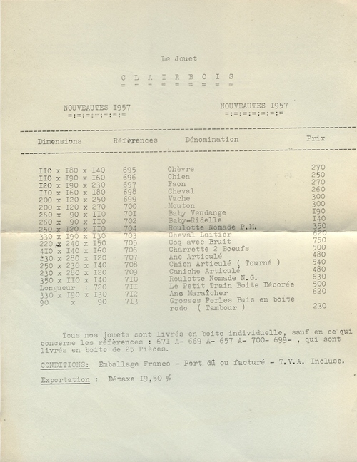 CLAIRBOIS - tarifs de 1957