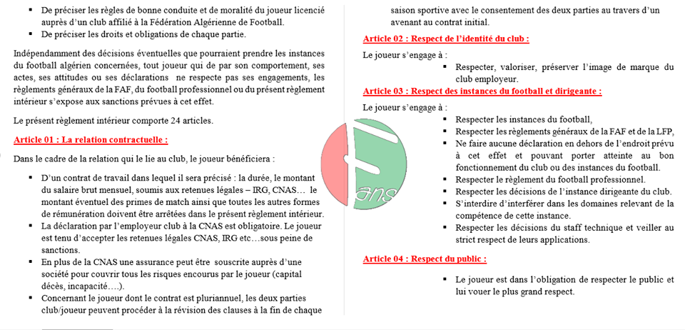 Spécimen de règlement intérieur