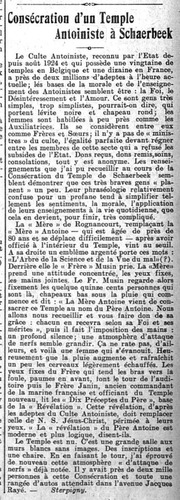 Consécration d'un Temple Antoiniste à Schaerbeek (Journal de Bruxelles & Le Vingtième Siècle, 3 août 1925)(Belgicapress)