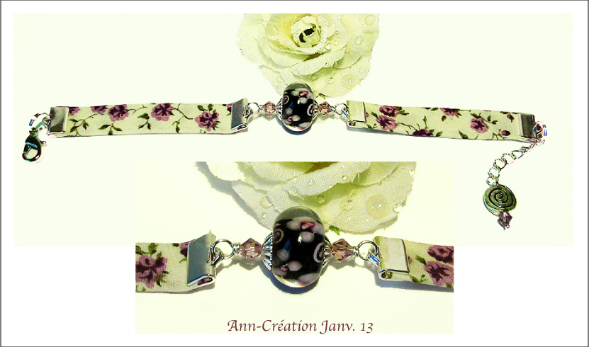 Bracelet Tissu Liberty authentique / Verre Lampwork / Plaqué argent