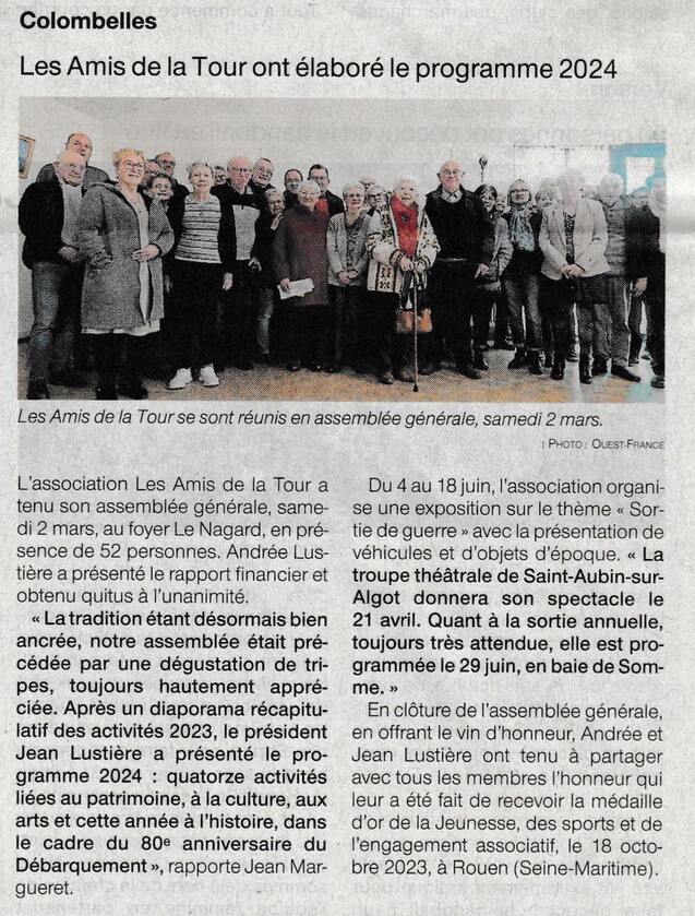 Article Journal Ouest France Mercredi 6 Mars (Les Amis de la Tour ont élaboré le programme 2024)
