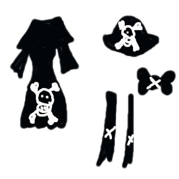 une robe noir avec un crâne, un chapeau crâne, un noeux et des bottes croix