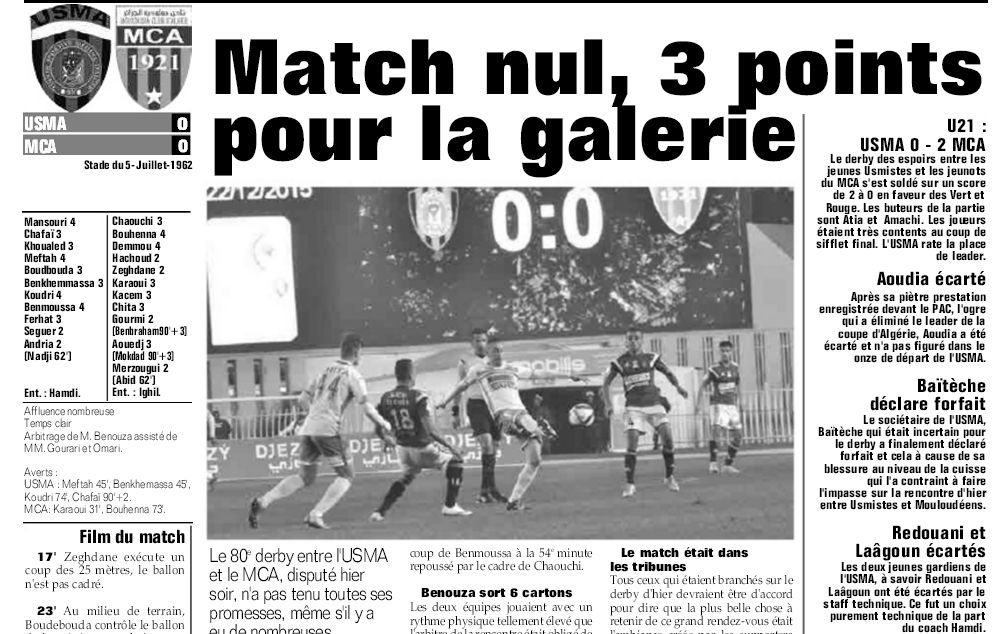 Mardi 22.12.2015 mis à jour USMA-MCA 0-0