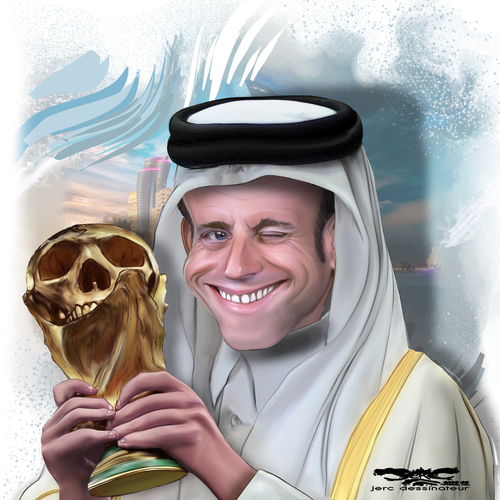 dessin de @JERC du mercredi 14 décembre 2022 Caricature Emir Macron "Il ne faut pas politiser le sport" www.facebook.com/jercdessin https://twitter.com/dessingraffjerc www.jerc-tbm.com