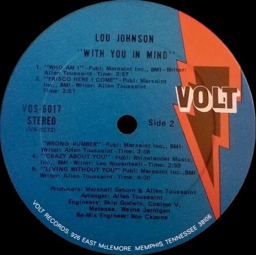 Lou Johnson : Album " With You In My Mind " Volt Records VOS-6017 [ US ]