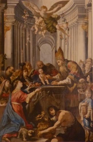 Circoncision d'un bébé, au milieu d'une foule, dans un décor antiquisant.