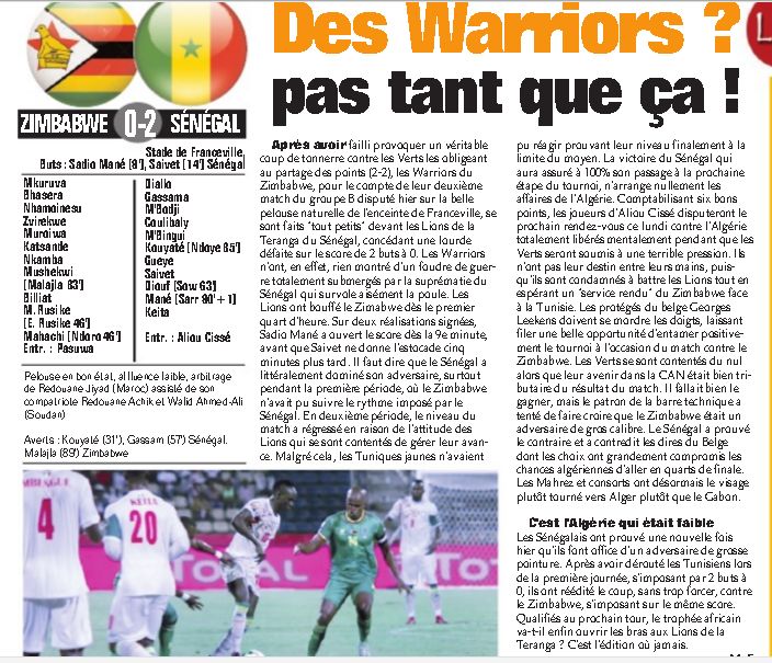 Jeudi 19.1.2017 CAN à FrancevilleSénégal-Zimbabwe 2-0