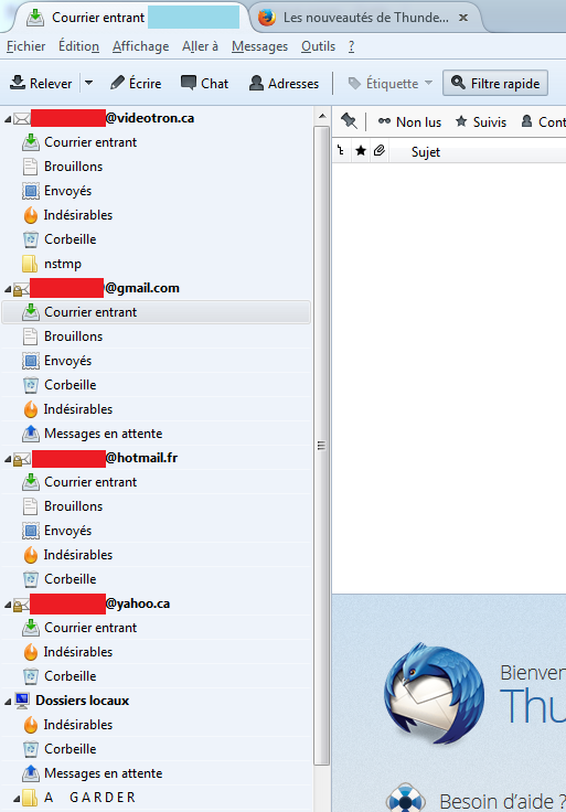 Mes 4 comptes sont configurés dans thunderbird 38.2.0