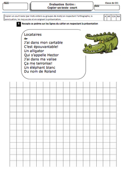 Evaluations en lecture, copie et expression ecrite CE1