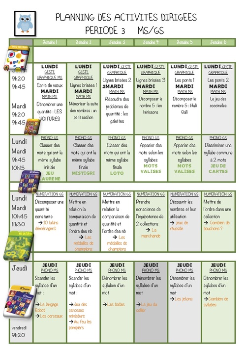 Planning des activités dirigées P3 MS/GS