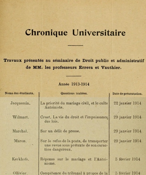 Travaux concernant l'Antoinisme (Revue de l'Université de Bruxelles, 1913-1914)