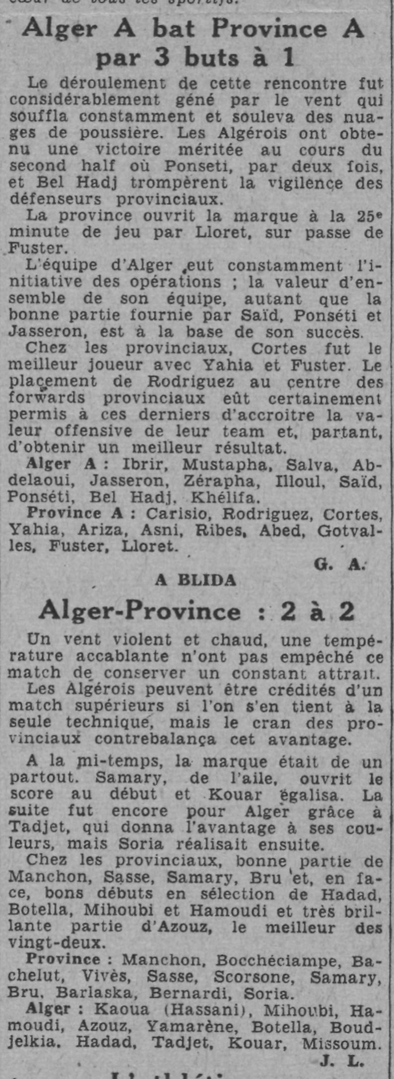 Dim 7.5.1944 Kerrarssi Mustapha, Abdellaoui et Said en sélection d'Alger A   au Municipal  alors qu