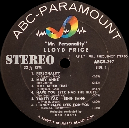 Lloyd Price ‎" Mr. ''Personality'' " ABC-Paramount Records ABCS-297 [ US ] en 1959