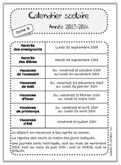 Calendrier scolaire à coller dans les cahiers de liaison