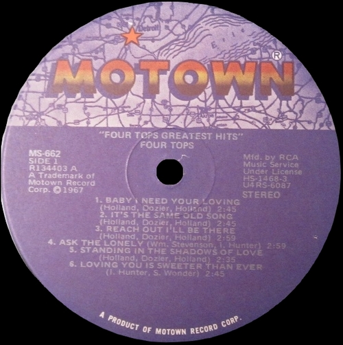 The Four Tops : Album " Greatest Hits " Motown ‎Records MS 662 [ US ]