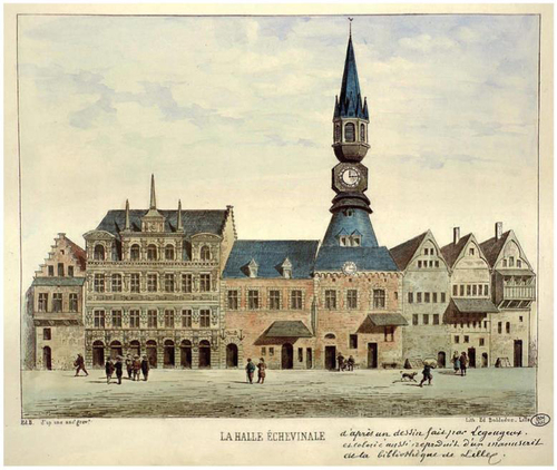 Lille, vue restituée du rang de l’hôtel de ville (É. Boldoduc, Album souvenir  Lille ancien monumental)