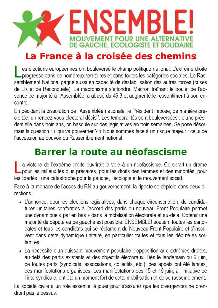 DECLARATION D'ENSEMBLE! 18 juin 2024 Dissolution, Front populaire, Société civile