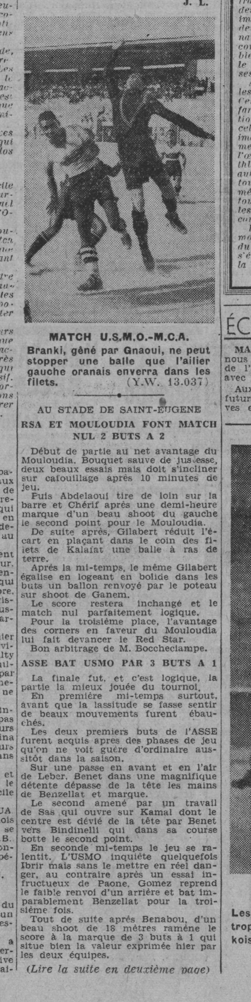 Samedi 6 Dimanche 7..9.1941 Tournoi de St Eug USMO-MCA 3-0 et RSA-MCA 2-2