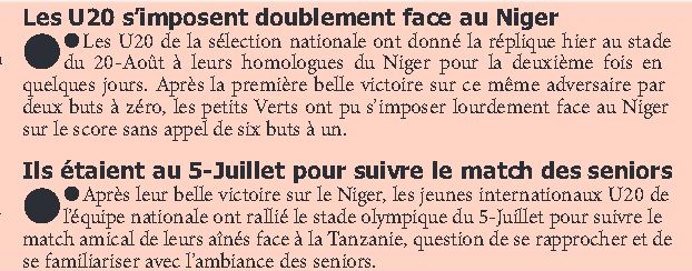l'EN U20 double vainueur du Niger 2-0 et 6-1