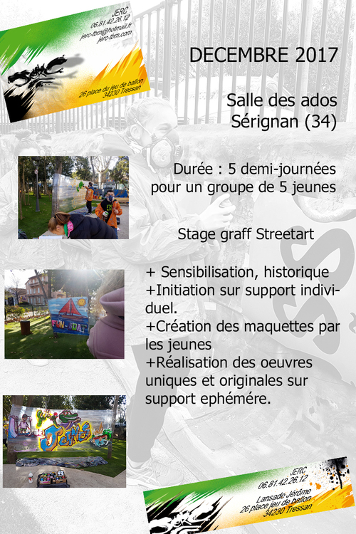 Stage graff avec jerc realisation par un groupe de 5 jeunes de Sérignan (34) d'oeuvres éphémères dans le parc de jeu de la commune. décembre 2017