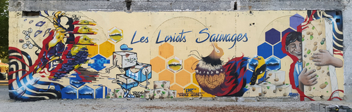 "Les Loriots Sauvages" Loriol Sur Drôme (26) Graffiti Artistes: Ismael El Atmioui - Maps Simon - Bert Treb - ELO DIE - Sowanone - Jerc et en guest Tom Salgos. 18M X 4,5M 29/08/2015.
