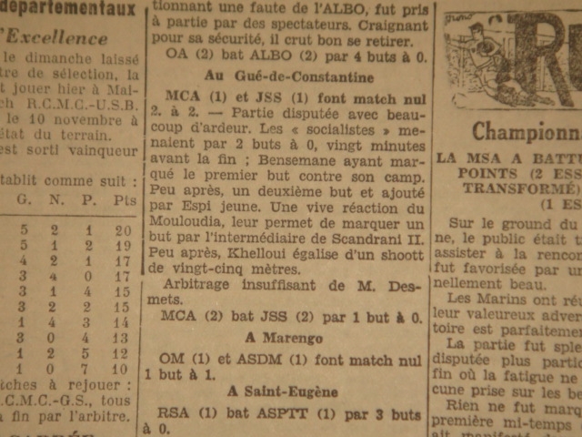 Dimanche 15.12.1929 au Gué de constantine JSS (Jeunesse Sportive Socialiste) - MCA 2-2