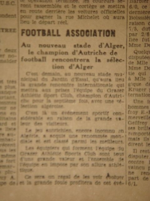 champion d'Autriche contre sélection d\'alger, premier match au stade municipal d'Alger