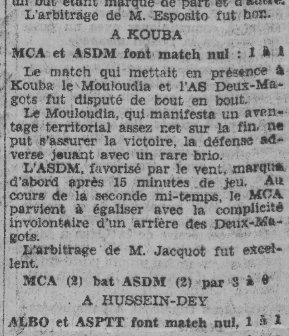 Dimanche 6.10.1929 à Kouba ASDM (AS Deux-Magots)-MCA 1-1