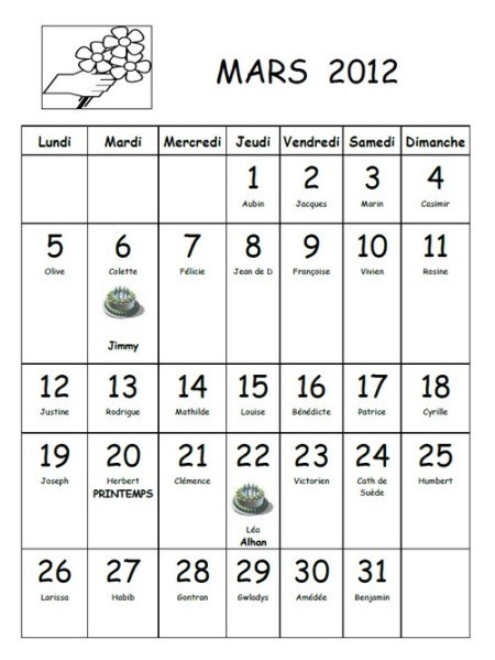 calendrier mars 2012