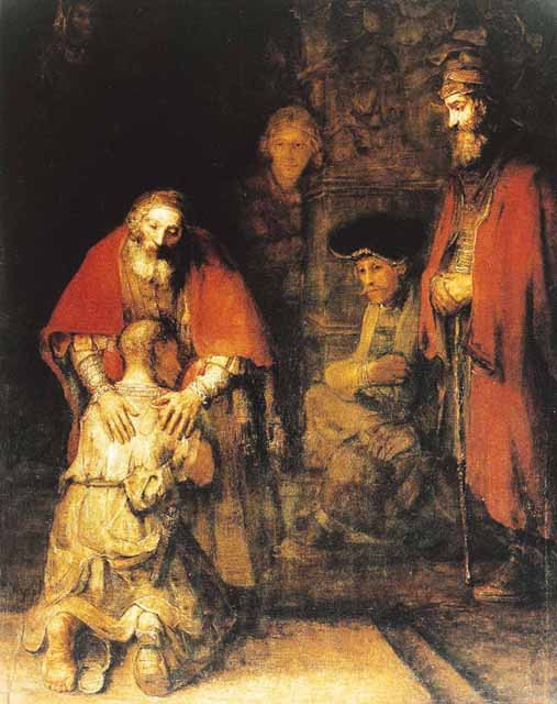 Rembrandt, Le retour du fils prodigue, 1667, musée de l’Ermitage à Saint-Pétersbourg © Wikipedia . Rembrandt, usé par la mort de son propre fils, a une soixantaine d'années lorsqu'il peint ce tableau. C'est l'intimité entre le père et son enfant qui est mise en évidence ici. La stature arrondie du père vient protéger l'enfant revenu. Le fils blotti, est peint comme un enfant venant s'appuyer contre les entrailles de son père. Délivré de ses démons, il comprend l'amour inconditionnel d'un père pour ses enfants. Inspirée du chapitre 15 de l'Évangile de Luc, cette toile du maître de l'âge d'or hollandais sert de support pour parler du sacrement de réconciliation et nous montrer le chemin de l'amour infini du Père pour entrer dans le miséricorde.