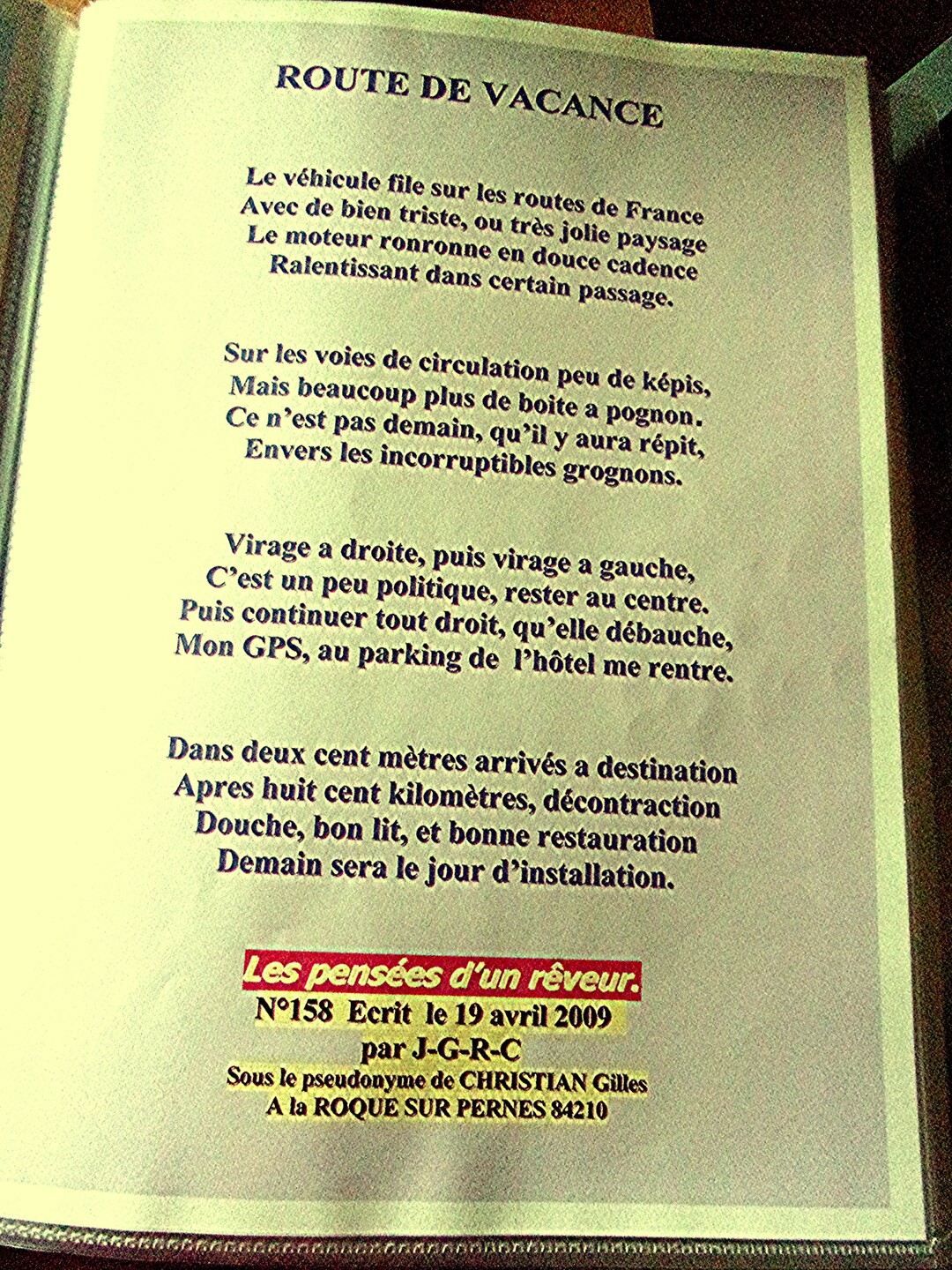 POEME DE CHRISTIAN GILLES:  ROUTE DE VACANCE  D  19-07-2024