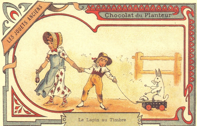 Le Lapin au Timbre (Chromolithographie Chocolat du Planteur. LES JOUETS ANCIENS).