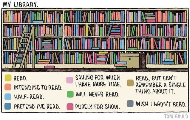 L’image contient peut-être : texte qui dit ’MY LIBRARY. READ. INTENDING ΤΟ READ. HALF-READ. PRETEND I'VE READ. SAVING FOR WHEN HAVE MORE TIME. WILL NEVER READ. READ, BUT CAN'T REMEMBER A SINGLE THING ABOUT IT. PURELY FOR SHOW. WISH I HADN'T READ. TOM GAULD’