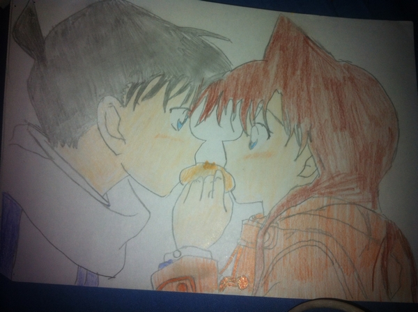 dessin - Shinichi et Ran mangeant un beigné 
