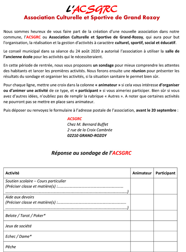 Sondage de l'association culturelle et sportive