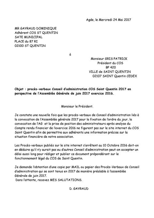 COURRIER D GAYRAUD Publication PV Conseil d'administration COS Saint Quentin 2016 -2017 pour AG 2017