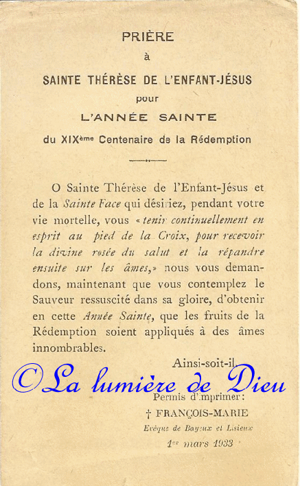 Prière à Sainte Thérèse de l'Enfant Jésus pour l'année sainte du XIXème centenaire de la Rédemption