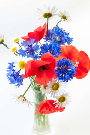 Bouquet De Fleurs Sauvages - Coquelicots, Marguerites, Bleuets - Sur Fond  Blanc, Tourné En Studio. Banque D'Images Et Photos Libres De Droits. Image  27340243.