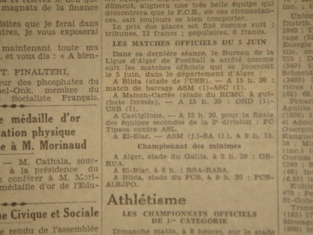 Dimanche 5.6.1932 à Blida Barrage maintien ASC-ASM 2-2