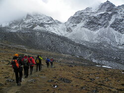 Le groupe cheminant vers le Cho La Pass (5368m)