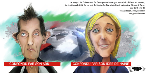dessin de JERC du Vendredi 1 mai 2015 caricature du suspect de l'enlevement de Bérényss et de Marine le pen confondus par leur AD haine. www.facebook.com/jercdessin