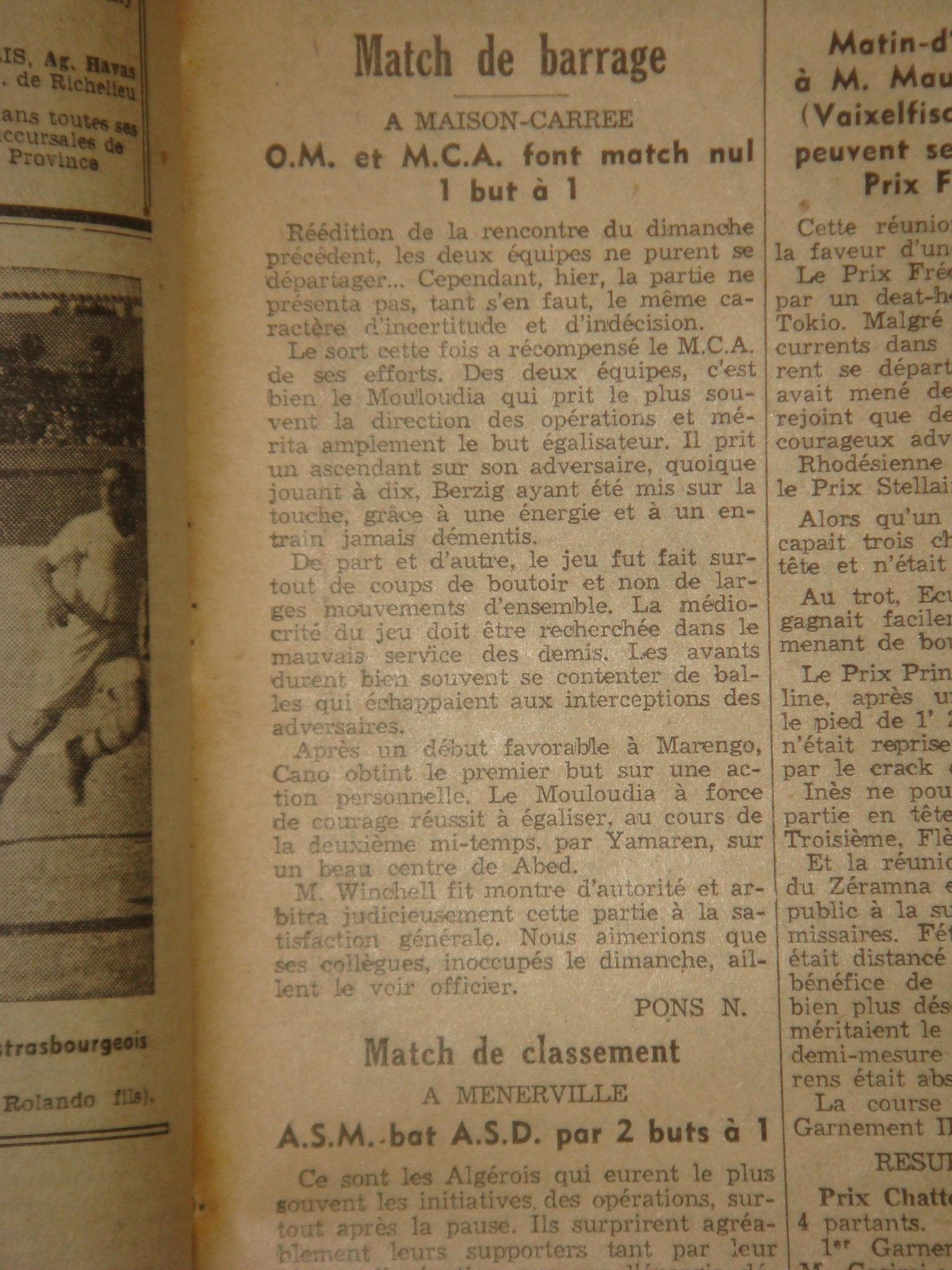 D 31.5.1936 stade maison carrée MCA-O.Marengo 1-1 (match sera rejouer)