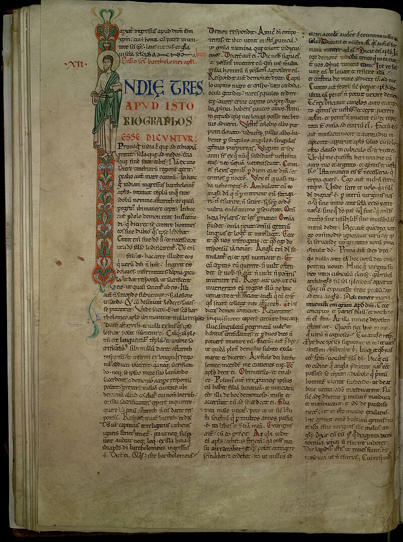 Enluminure du XIIe siècle représentant saint Barthélémy dans le Légendier de Cîteaux (Dijon, Bibliothèque municipale, ms. 641, f. 24v)