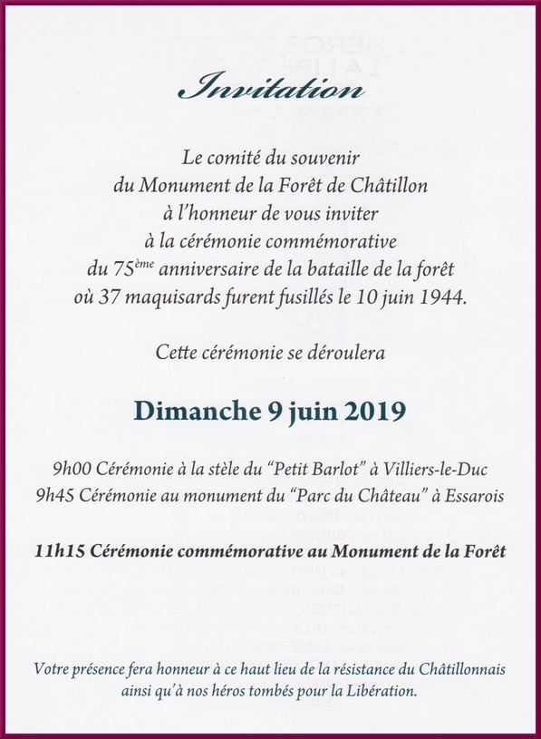 La cérémonie au Monument de la Forêt aura lieu cette année 2019 ledianche 9 juin à 11h15....