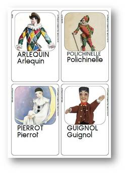 Carte vocabulaire Arlequin, Pierrot, Guignol et Polichinelle